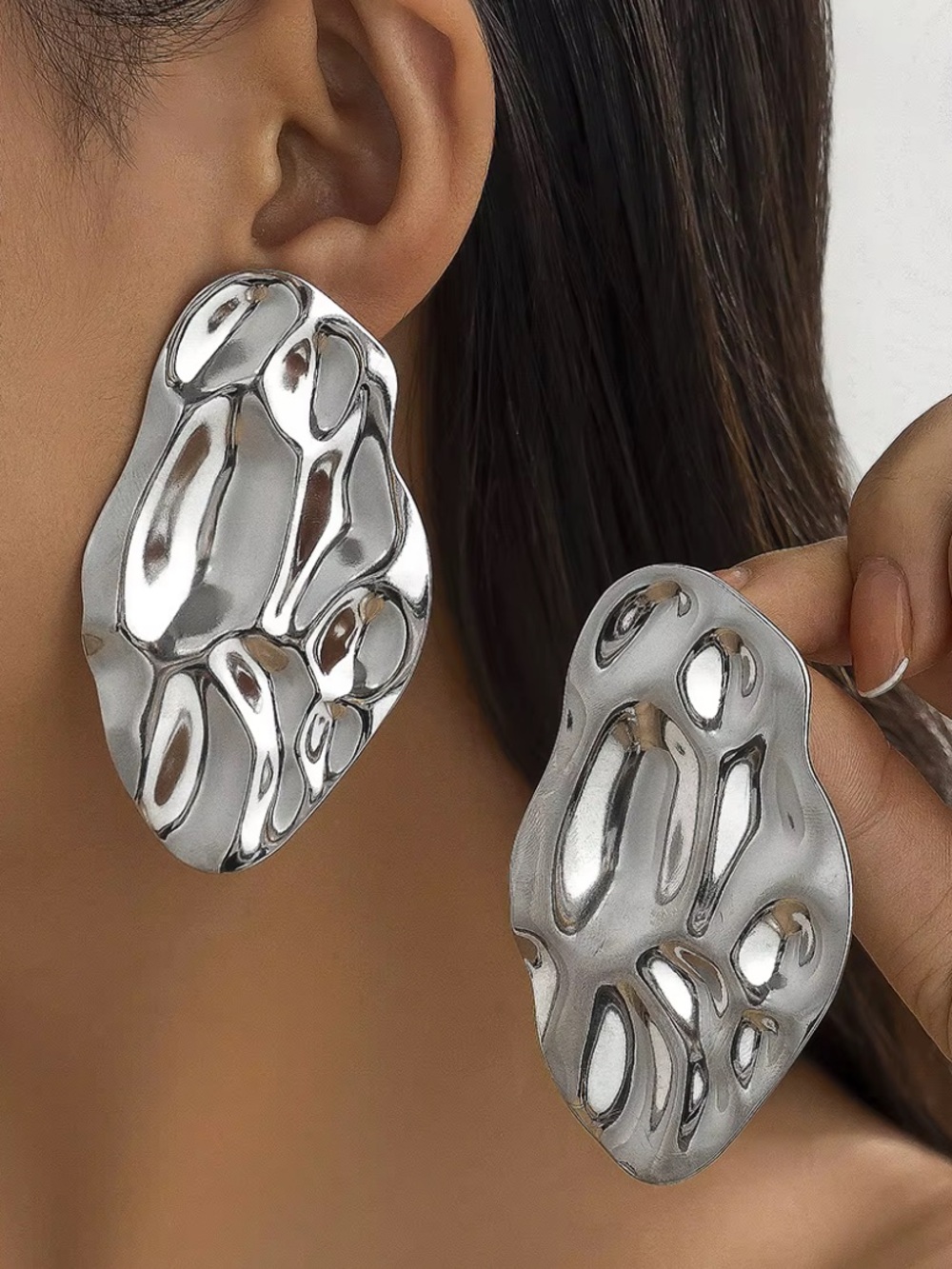 Silver Corrugated Statement Earrings for Women